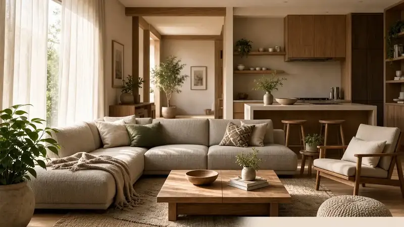 Home interior showing warm textures, soft lighting and calm living space